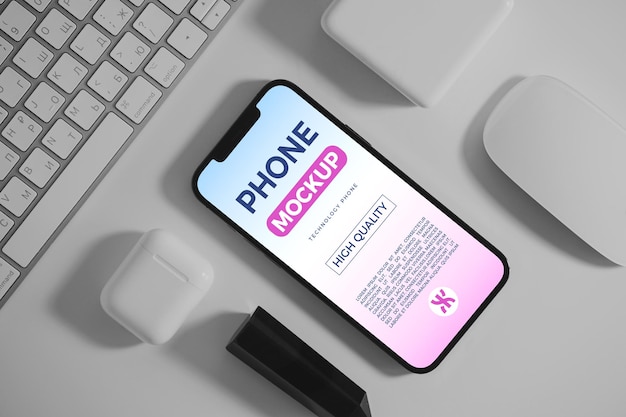 Mockup de teléfono inteligente en un espacio de trabajo blanco