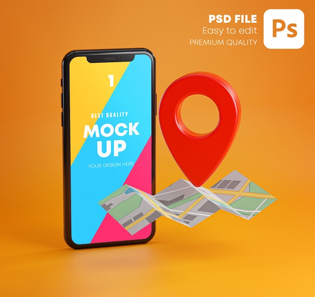 PSD mockup de teléfono inteligente y gps rojo en mapa