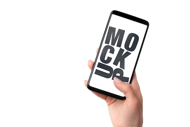 Mockup de teléfono inteligente con la mano en un fondo blanco