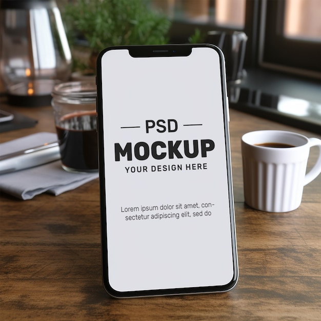 PSD mockup de teléfono inteligente en la mesa de madera