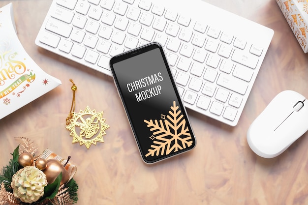 Mockup de teléfono inteligente móvil para fondo de Navidad y año nuevo