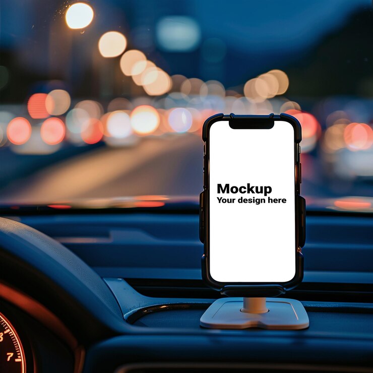 PSD mockup de un teléfono inteligente negro en un coche en el fondo de la carretera