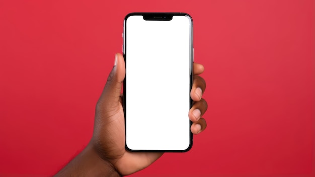 Mockup de teléfono inteligente con pantalla en blanco en la mano sobre fondo rojo
