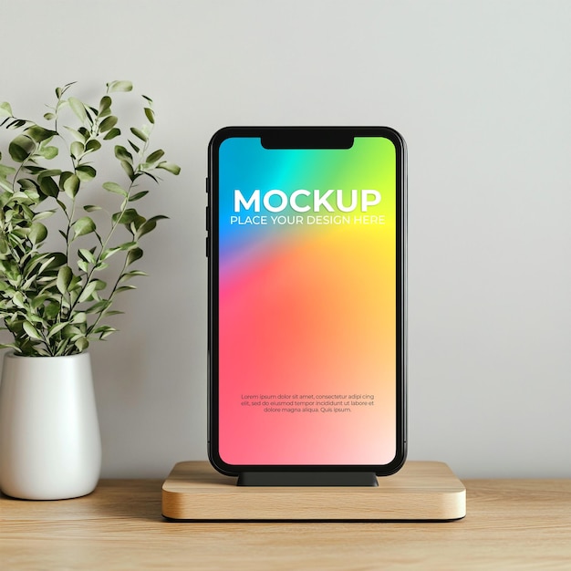 Mockup de teléfono inteligente con pantalla de gradiente en soporte de madera