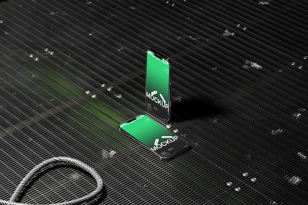 Mockup de teléfono inteligente en una superficie de cuadrícula oscura