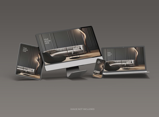 Mockup de teléfono inteligente y tableta portátil de escritorio para UIUX Presentación del producto Renderización 3D