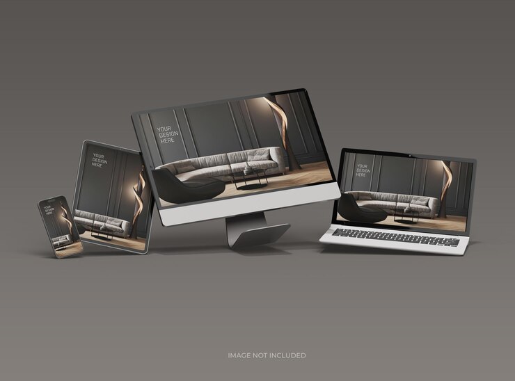 Mockup de teléfono inteligente y tableta portátil de escritorio para UIUX Presentación del producto Renderización 3D