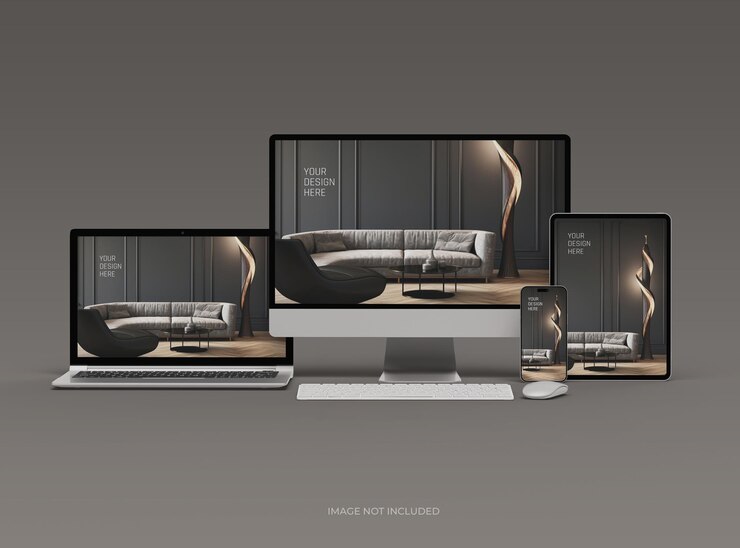 Mockup de teléfono inteligente y tableta portátil de escritorio para UIUX Presentación del producto Renderización 3D