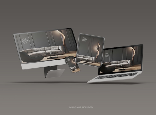 Mockup de teléfono inteligente y tableta portátil de escritorio para UIUX Presentación del producto Renderización 3D