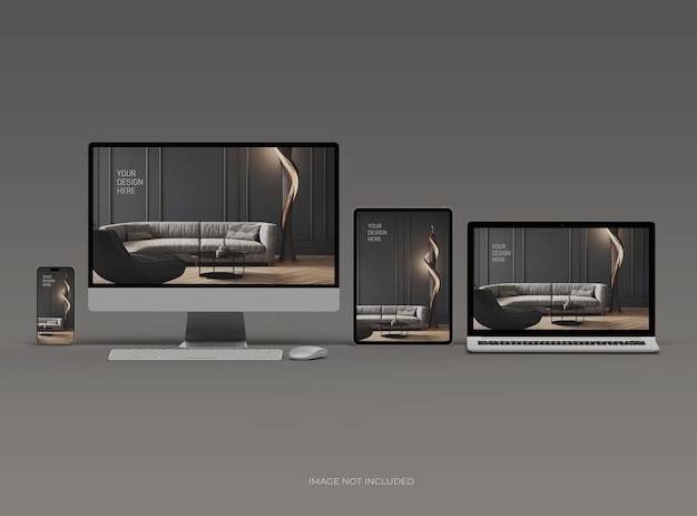 Mockup de teléfono inteligente y tableta portátil de escritorio para UIUX Presentación del producto Renderización 3D