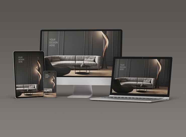 Mockup de teléfono inteligente y tableta portátil de escritorio para UIUX Presentación del producto Renderización 3D