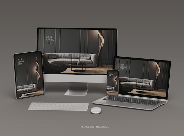 Mockup de teléfono inteligente y tableta portátil de escritorio para UIUX Presentación del producto Renderización 3D