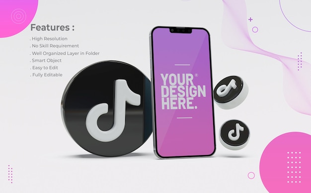 Mockup teléfono móvil tiktok con icono 3d realista