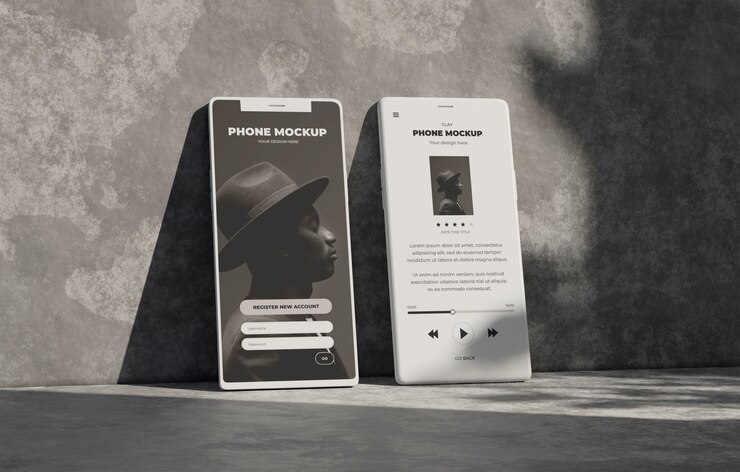 Mockup de teléfono en muro de hormigón con sombra
