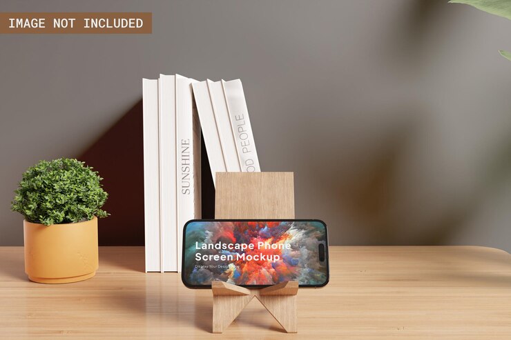 PSD mockup de teléfono panorámico con perspectiva frontal del soporte del teléfono
