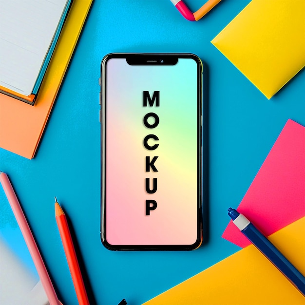 Mockup de teléfono con papelería de colores