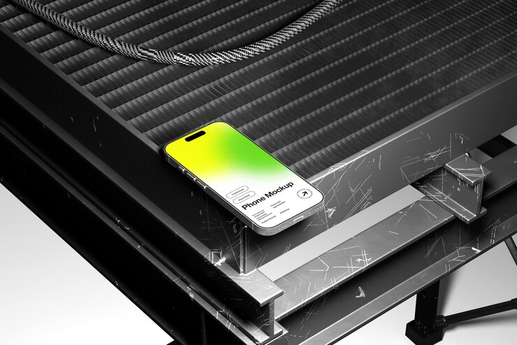 PSD mockup de teléfono en superficie metálica industrial
