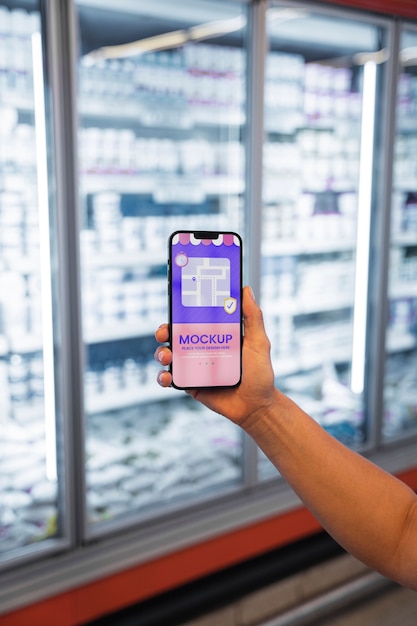 PSD mockup de teléfono en supermercado