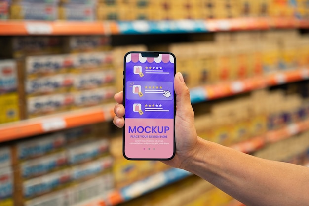 PSD mockup de teléfono en supermercado