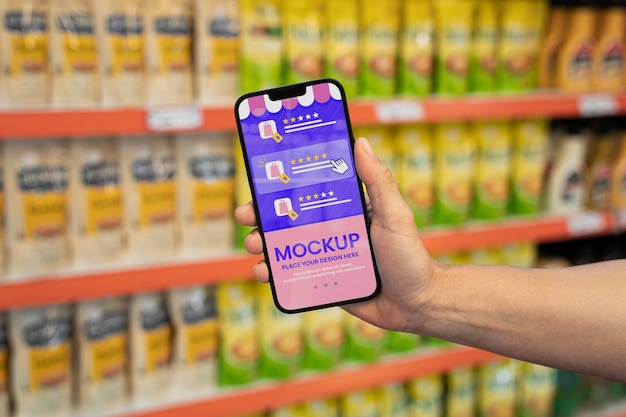 PSD mockup de teléfono en supermercado