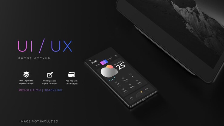 PSD mockup de teléfono y tableta con fondo oscuro ui ux design totalmente editable