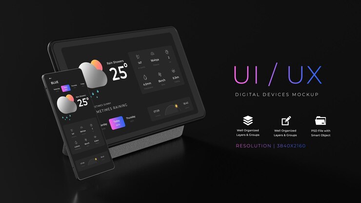 PSD mockup de teléfono y tableta con fondo oscuro ui ux design totalmente editable