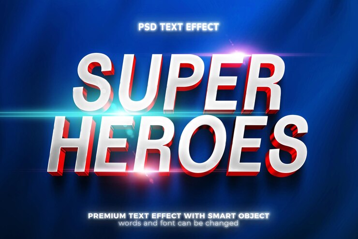 PSD mockup template efek teks 3d film superhero, sinematik, tebal, dan dapat diedit
