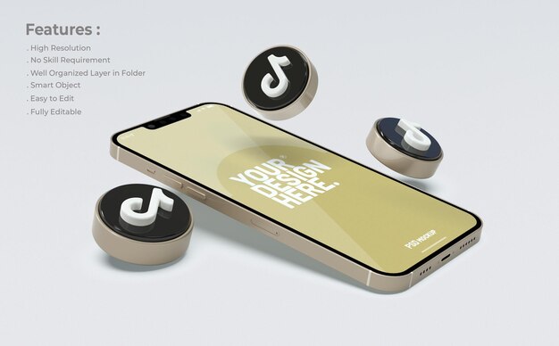 Mockup Tiktok no celular com ícone 3d