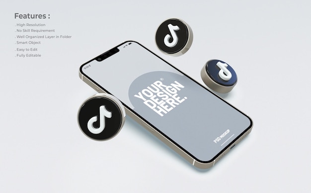 Mockup Tiktok no celular com ícone 3d