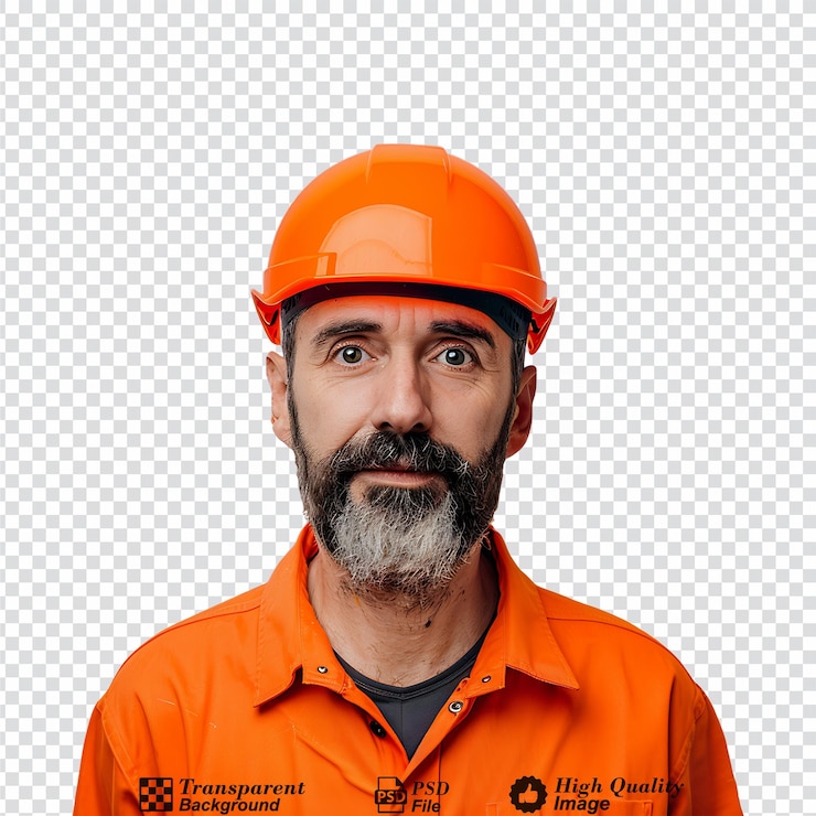PSD mockup de un trabajador de la construcción masculino con casco aislado en un fondo transparente
