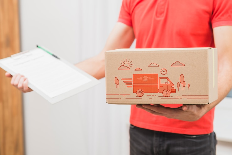 PSD mockup de transporte con hombre sujetando caja y portapapeles