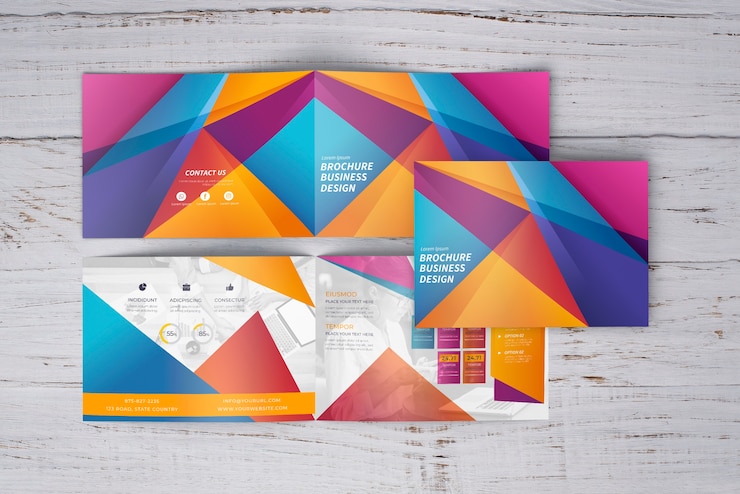 PSD mockup de tres folletos coloridos geométricos