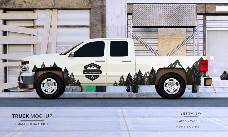 PSD mockup truk pikap kabin ganda tampilan sisi kiri