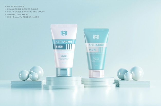 Mockup Tube Packaging Podium Facial Wash Blau bearbeitbare Farbe