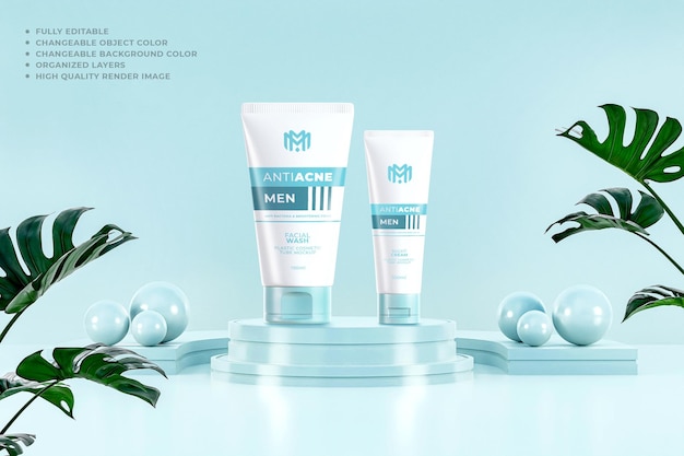 Mockup Tubo Embalagem Lavagem Facial Azul Nature Podium Cor Editável