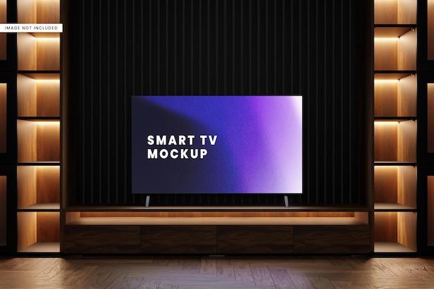 Mockup de TV inteligente en un gabinete en el entorno moderno de la sala de estar