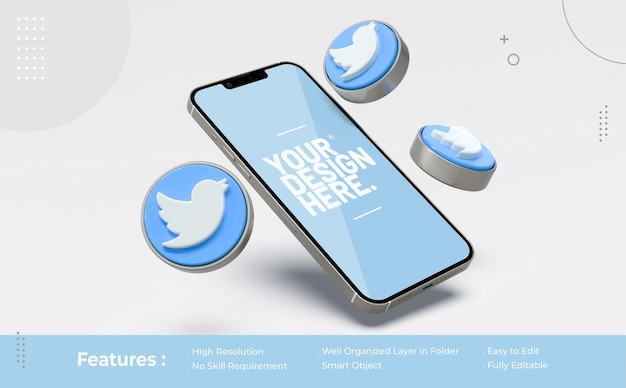 Mockup twitter en teléfono móvil con icono 3d