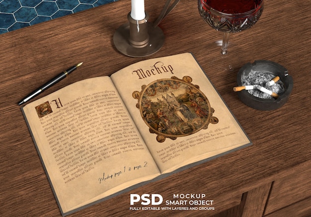 Mockup vecchio libro su un tavolo con posacenere bicchiere di vino candela e penna