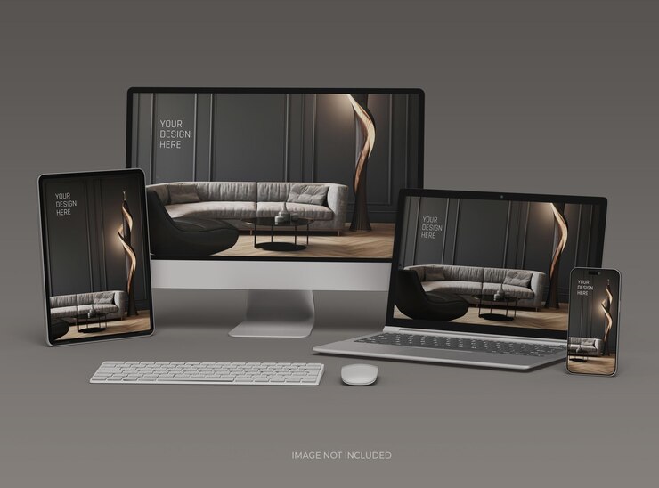 Mockup von Desktop-Laptop-Smartphone und -Tablet für UIUX Produktpräsentation 3D-Render