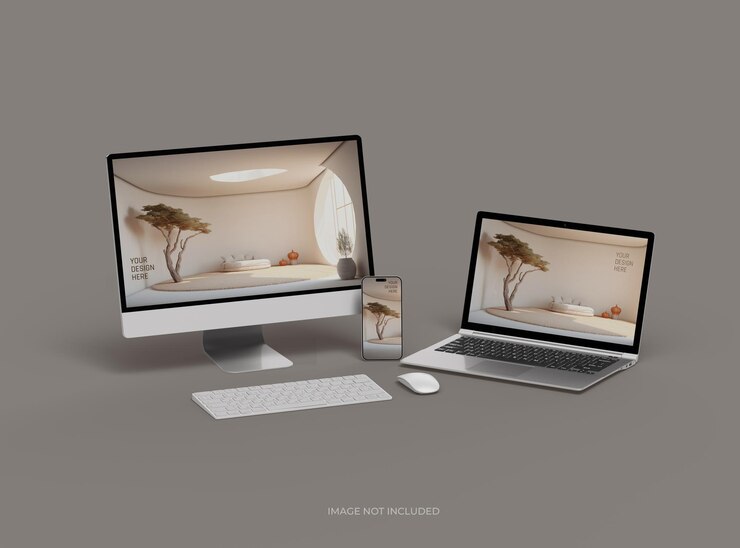 Mockup von Desktop-Laptop und Smartphone für UIUX Produktpräsentation 3D-Render