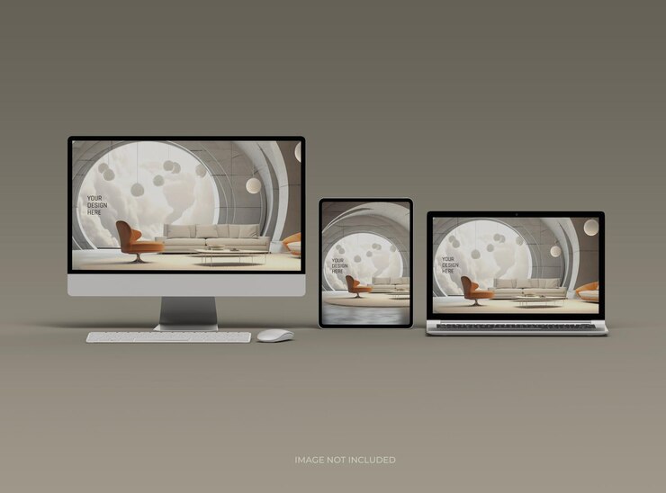 Mockup von Desktop-Laptop und Tablet für Ihre UIUX Produktpräsentation 3D-Render