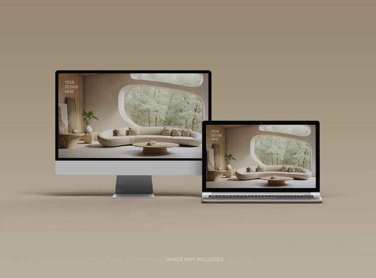 Mockup von Desktop und Laptop für UIUX Produktpräsentation 3D-Rendering