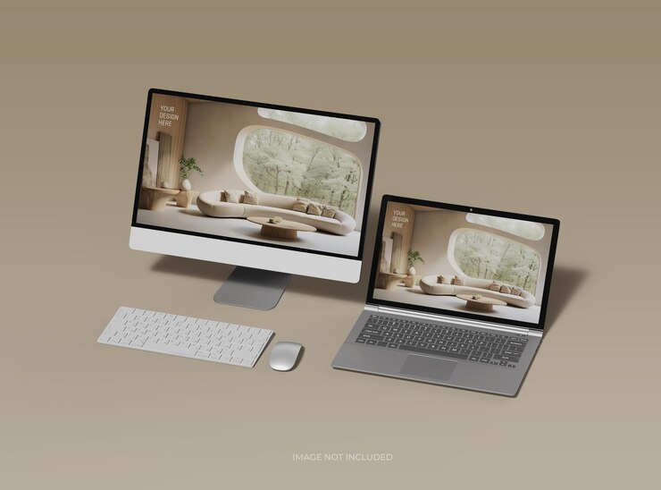 Mockup von Desktop und Laptop für UIUX Produktpräsentation 3D-Rendering