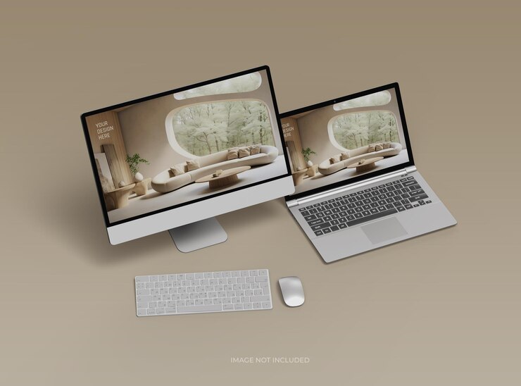 Mockup von Desktop und Laptop für UIUX Produktpräsentation 3D-Rendering