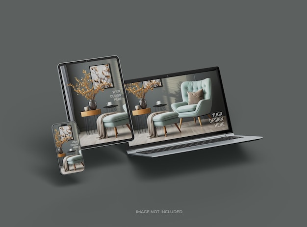 Mockup von Laptop, Smartphone und Tablet für den UIUX Product Showcase 3D-Render