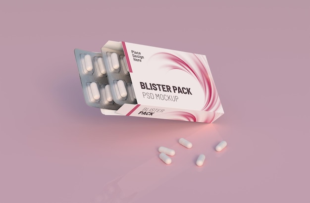 Mockup-Vorlage mit zwei Blisterpackungen mit weißen Pillenkapseln in Verpackungsboxen 3D-Rendering