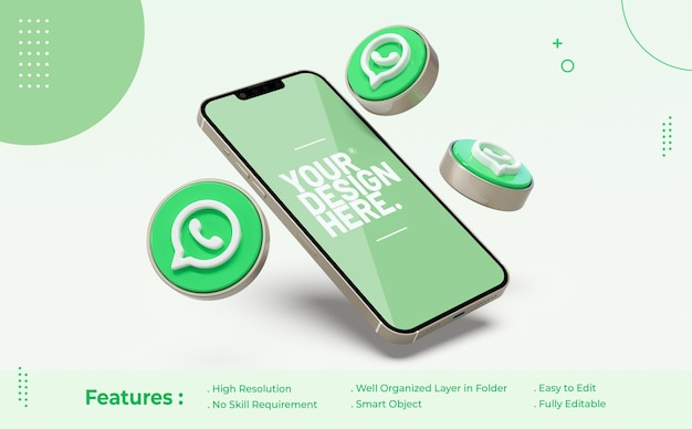 Mockup whatsapp en teléfono móvil con icono 3d