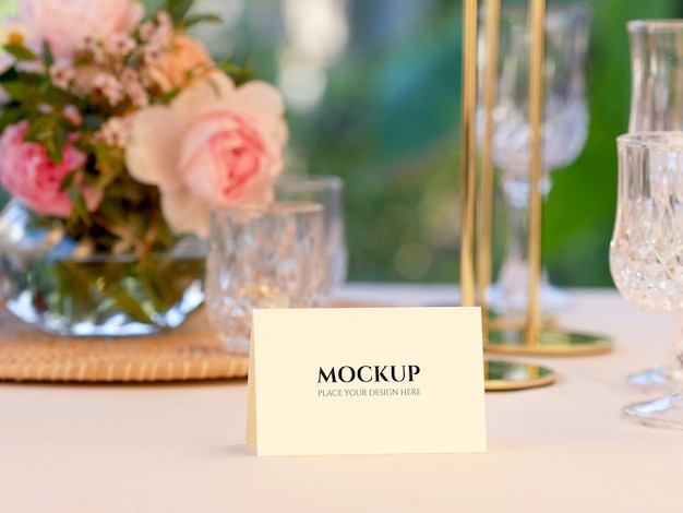 Mockup white blank space card for Name place on wedding table setting