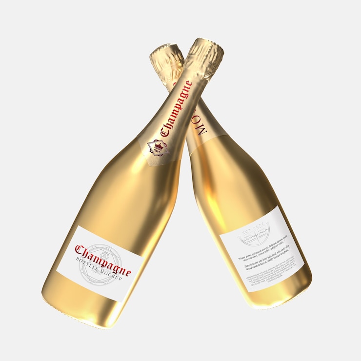 PSD mockups 3d botella dorada de champán o vino con tapa de aluminio y etiqueta aislada en el fondo contenedor de botella utilizado para champán bebida alcohol agua producto líquido y vino coloca tu producto