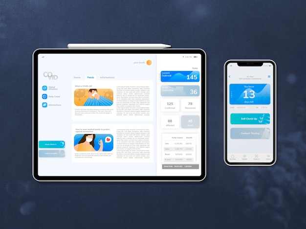 Mockups de dispositivos digitais gráficos de UI COVID-19 para telas de dispositivos móveis e tablets